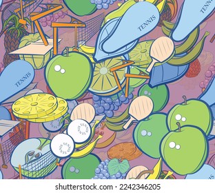 Background pattern abstract design texture. Seamless. Tennis and Fruits. Theme is about case, game table, tennis racket case, game, inventory, round grapes, ping-pong, berries, fetus, grapes