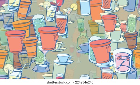 Background pattern abstract design texture. Seamless. Drinks. Theme is about compote, Martini, saucer, figured glass, glass, drinking straw, hot drink, bubbles, Cup, kvass, thread, plastic
