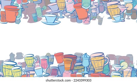 Background pattern abstract design texture. Drinks. Horizontal seamless stripes. Border frame, transparent background. Theme is about drinking tube, Cup, coffee, cardboard, cocktail, cola