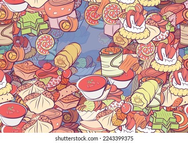 Texture abstraite du motif d'arrière-plan. Inharmonieux. Snacks. Le thème est le chou farci, panier, sucré, six branches, viande, cerise, gâteau, sandwich, salade, poisson, couvert, saucisse, crème