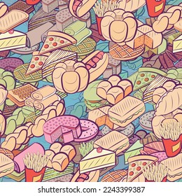 Background pattern abstract design texture. Seamless. American food and Bakery products. Theme is about strudel, twist, molded, spicy, hamburger, steak, piece, braid, sennit, saturated with filling