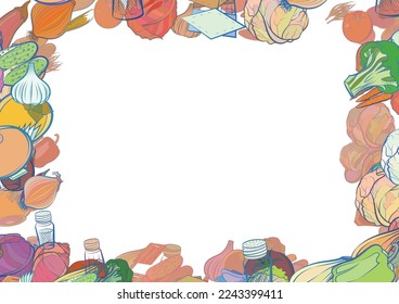 Background pattern abstract design texture. Table setting and Health food. Border frame, transparent background. Theme is about zucchini, head of cab, knife, table set, pepper pot, pepper