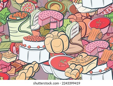 Background pattern abstract design texture. Seamless. Bakery products and Snacks. Theme is about roll, cucumber, fried, Khinkali, tartlet, marshmallows, biscuit, slice, dough, cherry, satiety