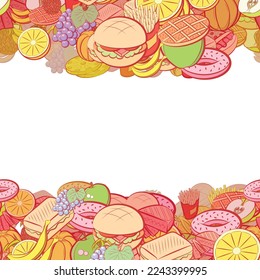 Background pattern abstract design texture. American food and Fruits. Horizontal seamless stripes. Border frame, transparent background. Theme is about fetus, steak, grapes, American cake