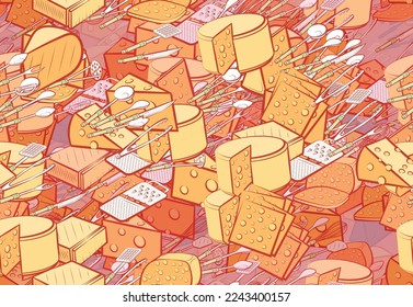 Background pattern abstract design texture. Seamless. Cutlery and Cheeses. Theme is about , piece of cheese, triangle, remnant, cut out, scoop, hard cheese, grater, chunks, big, lies, meat fork