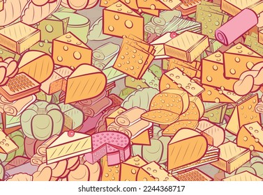 Background pattern abstract design texture. Seamless. Cheeses and Bakery products. Theme is about two-layer, pie, big, chunk a piece, triangle, roll, hard cheese, round, remnant, many holes