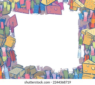 Background pattern abstract design texture. Alcohol and Cheeses. Border frame, transparent background. Theme is about forty degrees, vodka, cola, slice, champagne, cool, cocktail, sparkling wine