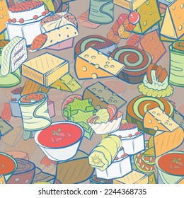 Background pattern abstract design texture. Seamless. Snacks and Cheeses. Theme is about strung up, cucumber, no holes, stuffed cabbage, sugar, cherry, share, monolithic, classical, bacon