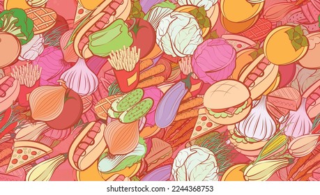 Background pattern abstract design texture. Seamless. American food and Health food. Theme is about beet, spring onions, healthy food, meat, Caucasian, the harvest, bakery products, cabbage