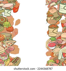 Background pattern abstract design texture. Snacks and American food. Vertical seamless stripes. Border frame, transparent background. Theme is about marshmallows, cut, six-pointed, American cake