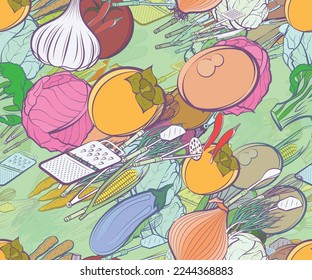 Background pattern abstract design texture. Seamless. Cutlery and Health food. Theme is about Chinese cabbage, garlic head, cob, peel, cleaned up, vegetable, solid, ladle, egg, knife, vitamin C