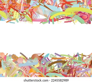 Background pattern abstract design texture. Horizontal seamless stripes. Border frame, transparent background. Theme is about parlor, hairpin, scissors, bobby pin, claw, barrette, hairstyle