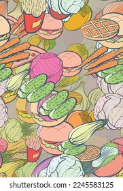 Background pattern abstract design texture. Seamless. American food and Health food. Theme is about cleaned up, topping, donut, pepper, pods, white, cooking, bitter, cabbage, heads, protein