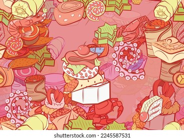 Background pattern abstract design texture. Seamless. Snacks and Seafood. Theme is about tentacle, crab, marshmallows, big, borscht, claws, sandwich, oceanic, seafood, liquids, pancake, octopus