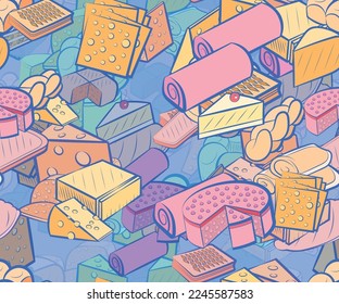 Background pattern abstract design texture. Seamless. Cheeses and Bakery products. Theme is about biscuit, monolithic, cheese, big, pie, filling, fried, chunks, molded, braid, cake, sennit