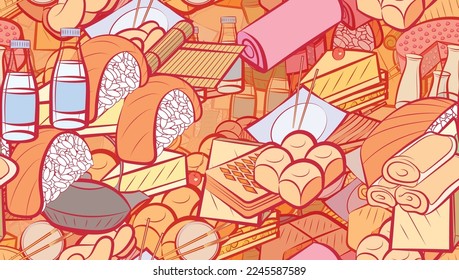 Background pattern abstract design texture. Seamless. Bakery products and Japanese food. Theme is about soy sauce, mini buns, roll salmon, pie, water bottles, wok, cheese, waffles, sushi salmon