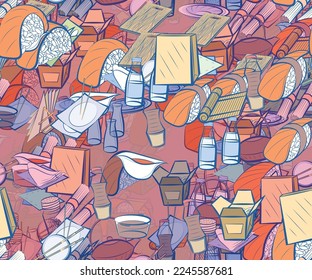Background pattern abstract design texture. Seamless. Japanese food and Table setting. Theme is about holes, napkin, soy sauce, roll salmon, soba, tree, pepper pot, saucer, squares, table set