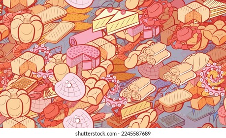 Background pattern abstract design texture. Seamless. Bakery products and Seafood. Theme is about nautical, common, divided, cut, claws, sea, roll, piece, cake, bread, braid, pie, a sandwich