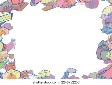 Background pattern abstract design texture. Bakery products and Table setting. Border frame, transparent background. Theme is about cake, pie, a sandwich, filling, table set, cut, fried