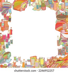 Background pattern abstract design texture. Alcohol and Japanese food. Border frame, transparent background. Theme is about packet, roll salmon, cocktail, soba, charming, cup, water bottles