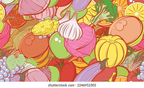 Background pattern abstract design texture. Seamless. Fruits and Health food. Theme is about head of cab, vegetable, hot peppers, slices, couple, cob, orange, in the leaves, satisfying