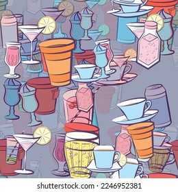 Background pattern abstract design texture. Seamless. Drinks. Theme is about tea, cup, Cup, cherries, cardboard, compote, hot drink, drink, wine, soda, bubbles, wineglass, aluminum, drinking straw