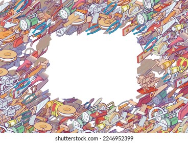 Background pattern abstract design texture. Repair and Building tools. Border frame, transparent background. Theme is about segmented, lamp, length, paint roller, shavings, instruments, painting walls