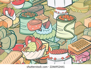 Background pattern abstract design texture. Seamless. Bakery products and Snacks. Theme is about onigiri, mini cake, jelly, liquids, two-layer, tartlet, common, cherry, bakery, filling, strung up