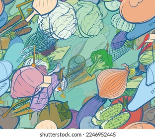 Background pattern abstract design texture. Seamless. Tennis and Health food. Theme is about case, carrot, cooking, washed, cob, cabbage, pods, vitamin C, vegetables, clip, protein, balls