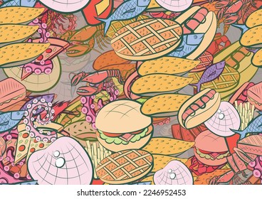 Background pattern abstract design texture. Seamless. Seafood and American food. Theme is about nautical, filling, piece, yummy, tentacle, oceanic, waffles, cut, topping, shell, octopus