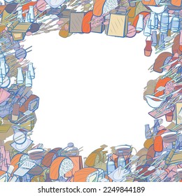 Background pattern abstract design texture. Cutlery and Japanese food. Border frame, transparent background. Theme is about packet, whisk, sauce cup, spoon, kitchen knife, tea, knife, masher
