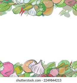 Background pattern abstract design texture. Health food. Horizontal seamless stripes. Border frame, transparent background. Theme is about shell, carrot, red cabbage, in the leaves, beet