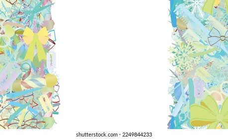 Background pattern abstract design texture. Vertical seamless stripes. Border frame, transparent background. Theme is about scissors, barber, december, swirls, snowflake, new year, celebration
