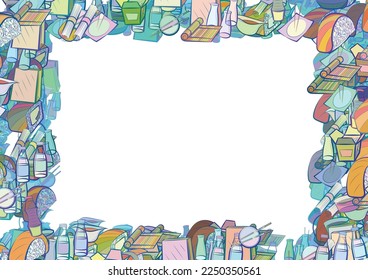 Background pattern abstract design texture. Japanese food. Border frame, transparent background. Theme is about water bottles, sushi, kyusu, wok, roll salmon, chopsticks, bottles, bamboo mat