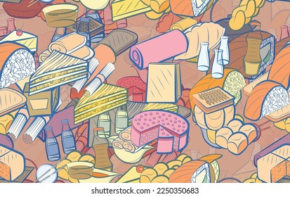 Background pattern abstract design texture. Seamless. Japanese food and Bakery products. Theme is about cake, molded, delivery, common, braid, fried, biscuit, food sticks, soy sauce, cherry