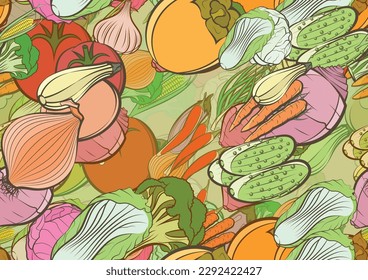 Background pattern abstract design texture. Seamless. Health food. Theme is about cabbage, garlic head, broccoli, bitter, eggplant, beet, in the leaves, the harvest, nutritious, pods, Caucasian