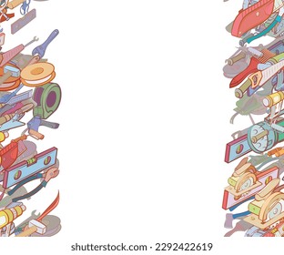 Background pattern abstract design texture. Repair and Building tools. Vertical seamless stripes. Border frame, transparent background. Theme is about pliers, fire tools, leveling, for the garage
