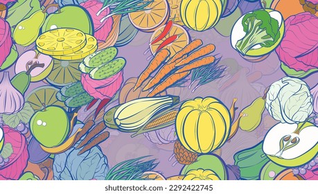 Background pattern abstract design texture. Seamless. Health food and Fruits. Theme is about cucumbers, mandarin, beet, grapes, couple, peel, vitamins, bitter, nutritious, solid, head of cab