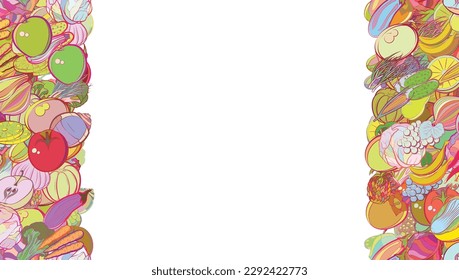 Background pattern abstract design texture. Fruits and Health food. Vertical seamless stripes. Border frame, transparent background. Theme is about cleaned up, cut, corn, heads, bunch, cabbage