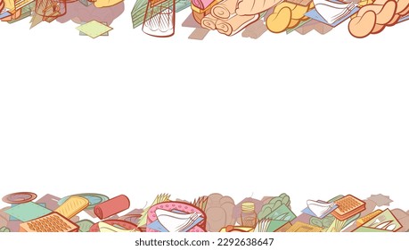 Background pattern abstract design texture. Bakery products and Table setting. Horizontal seamless stripes. Border frame, transparent background. Theme is about fried, cheesecake, cheese