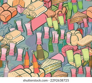 Background pattern abstract design texture. Seamless. Alcohol and Bakery products. Theme is about wine, cocktail, charming, Finnish, mixture, a stack, bottle, sennit, filling, roll, expensive alcohol