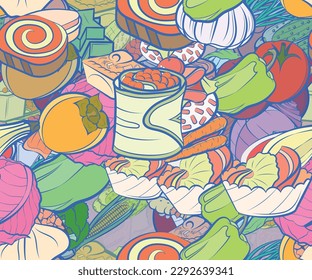 Background pattern abstract design texture. Seamless. Snacks and Health food. Theme is about sandwich, meat, head of cab, borscht, stick, cabbage, lettuce leaf, onion feathers, mini cake