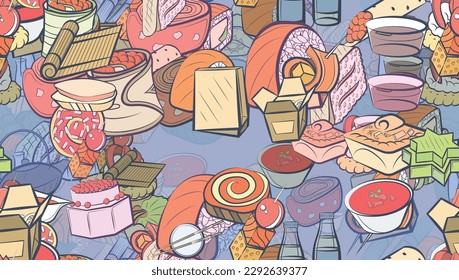 Background pattern abstract design texture. Seamless. Japanese food and Snacks. Theme is about soba, sushi, sushi-roll, sausage, wok, kyusu, pancake, packet, cucumber roll, wand, sauce bottle