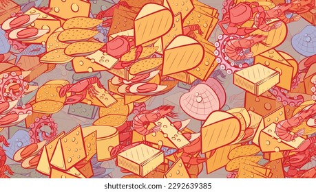 Background pattern abstract design texture. Seamless. Cheeses and Seafood. Theme is about sea, lobster, cheese, tentacle, octopus, royal, filling, yummy, classical, a circle, fish, thinly sliced