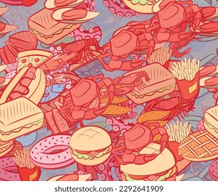 Background pattern abstract design texture. Seamless. American food and Seafood. Theme is about potato, topping, piece, lobster, nautical, tentacle, shell, pizza, cheese, french fries, mussels