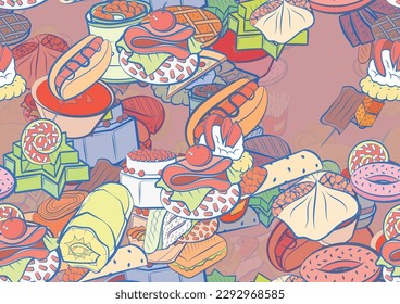 Background pattern abstract design texture. Seamless. American food and Snacks. Theme is about basket, meat, stick, snack, six-pointed, salad, topping, french fries, strung up, hamburger