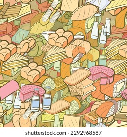 Background pattern abstract design texture. Seamless. Japanese food and Bakery products. Theme is about spicy, mini buns, chopsticks, cheesecake, twist, bakery, food sticks, pancakes, sushi salmon