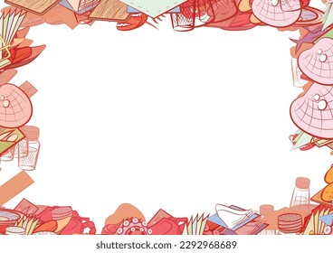 Background pattern abstract design texture. Seafood and Table setting. Border frame, transparent background. Theme is about saucer, royal, board, filling, claws, holes, yummy, cheese, tree