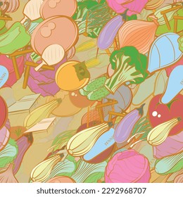 Background pattern abstract design texture. Seamless. Tennis and Health food. Theme is about game table, pinch, tomato, heads, grid, Chinese cabbage, cooking, egg, red cabbage, mini-tennis