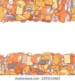 Background pattern abstract design texture. Cheeses and Japanese food. Horizontal seamless stripes. Border frame, transparent background. Theme is about chopsticks, sushi salmon, soba, 